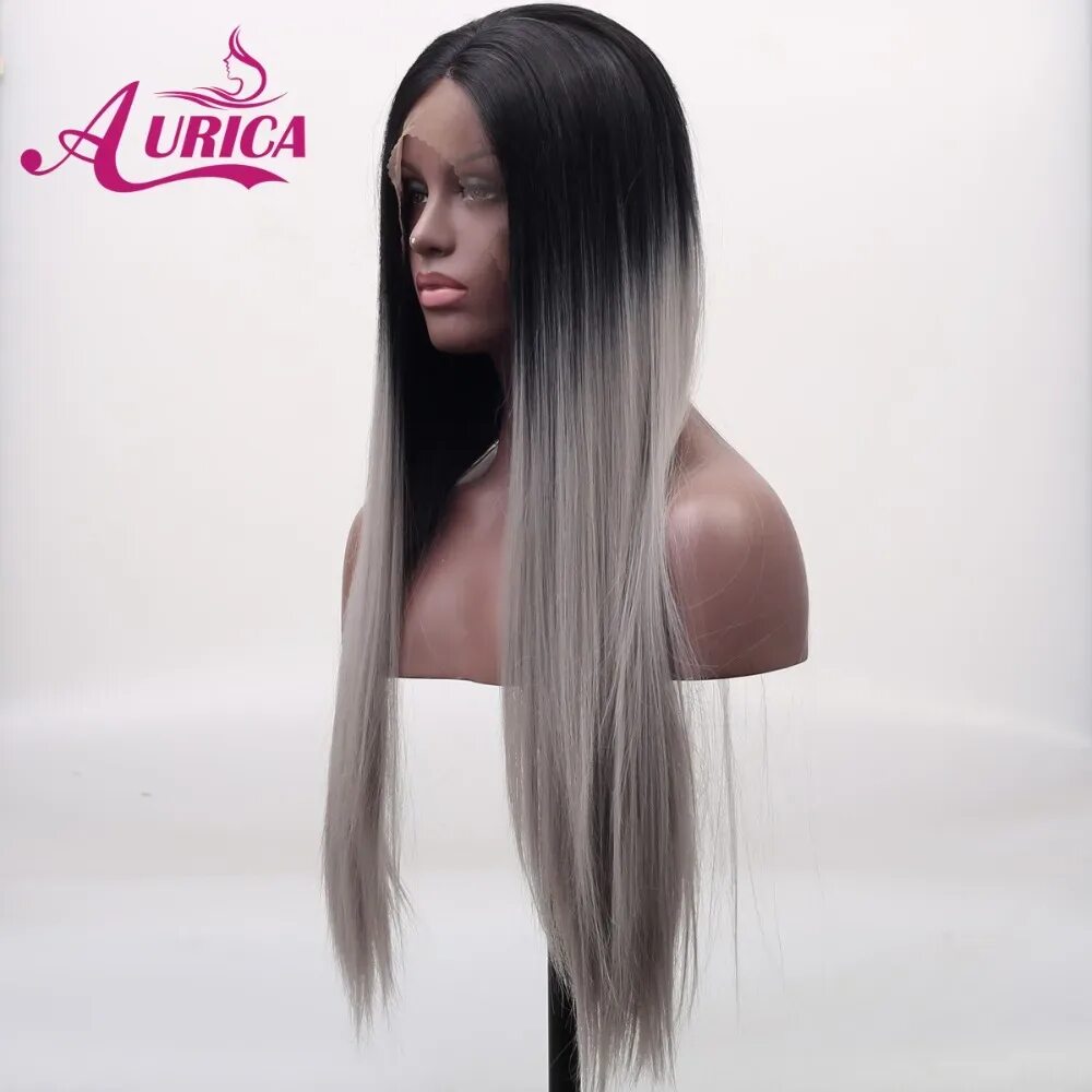 Нарощенные волосы черно белые фото Aurica Ombre Silver Grey Heat Safe Synthetic Hair Lace Front Wig With Black Root