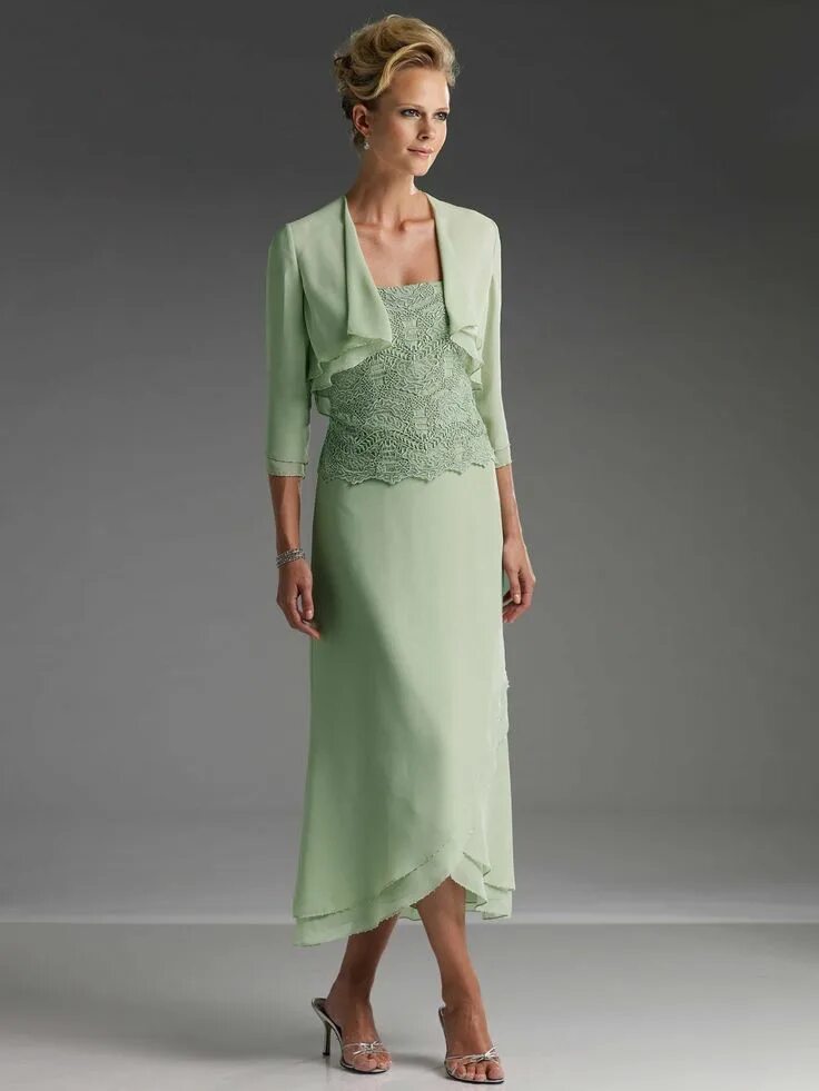 Наряды для мамы жениха на свадьбу фото Strapless Green Chiffon Lace Evening Dress, Sheath, Ankle Length , Jacket Mother