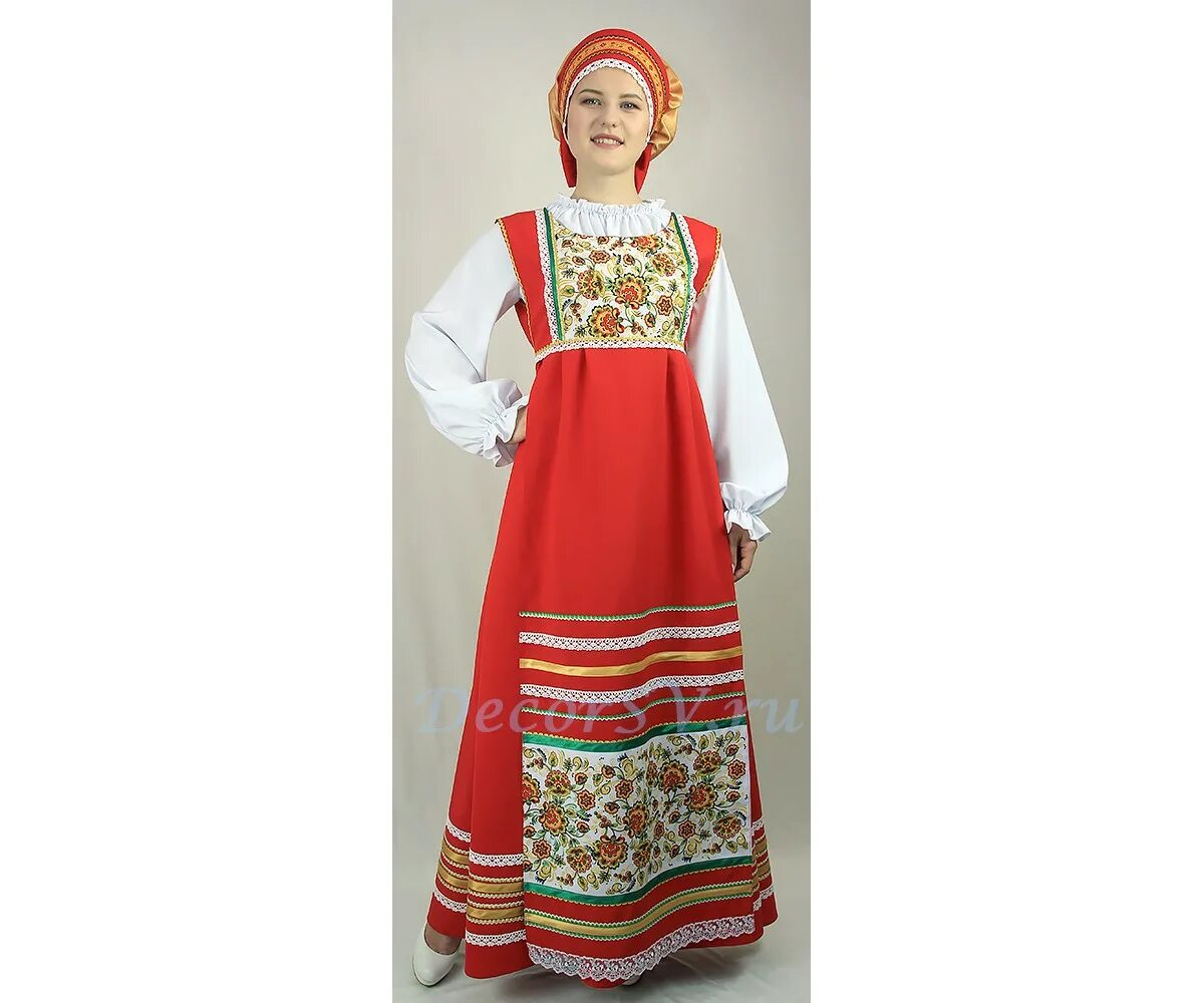 Национальный костюм россии женский фото Русский народный костюм с рисунком "Хохлома": сарафан, блузка, фартук, кокошник.