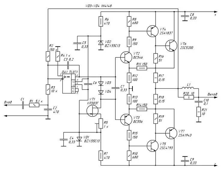 Найти схемы усилителей 2SC5200+2SA1943+TL071 Принципиальная схема, Усилитель, Аудио
