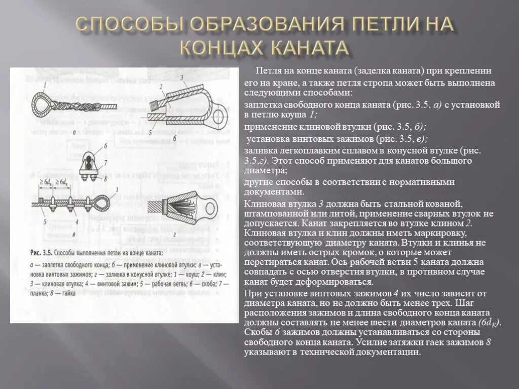 Назовите способы соединения петель стропов Способы заделки концов канатных строп