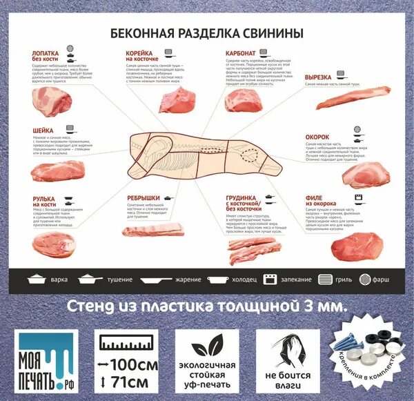 Название частей свинины при разделке фото Информационный стенд "Беконная разделка свинины", 1000х710мм - купить с доставко