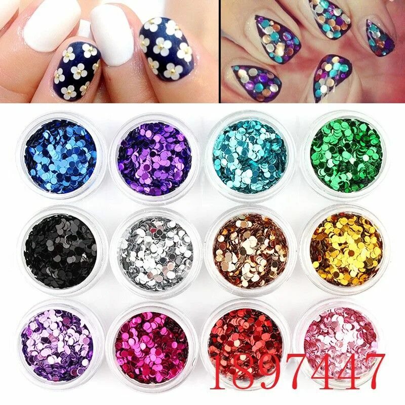 Название дизайнов маникюра 19.5R$ 12 cores / Set Nail Art acrílico Sparkly 3D rodada 1 mm / 2 mm Glitter ac