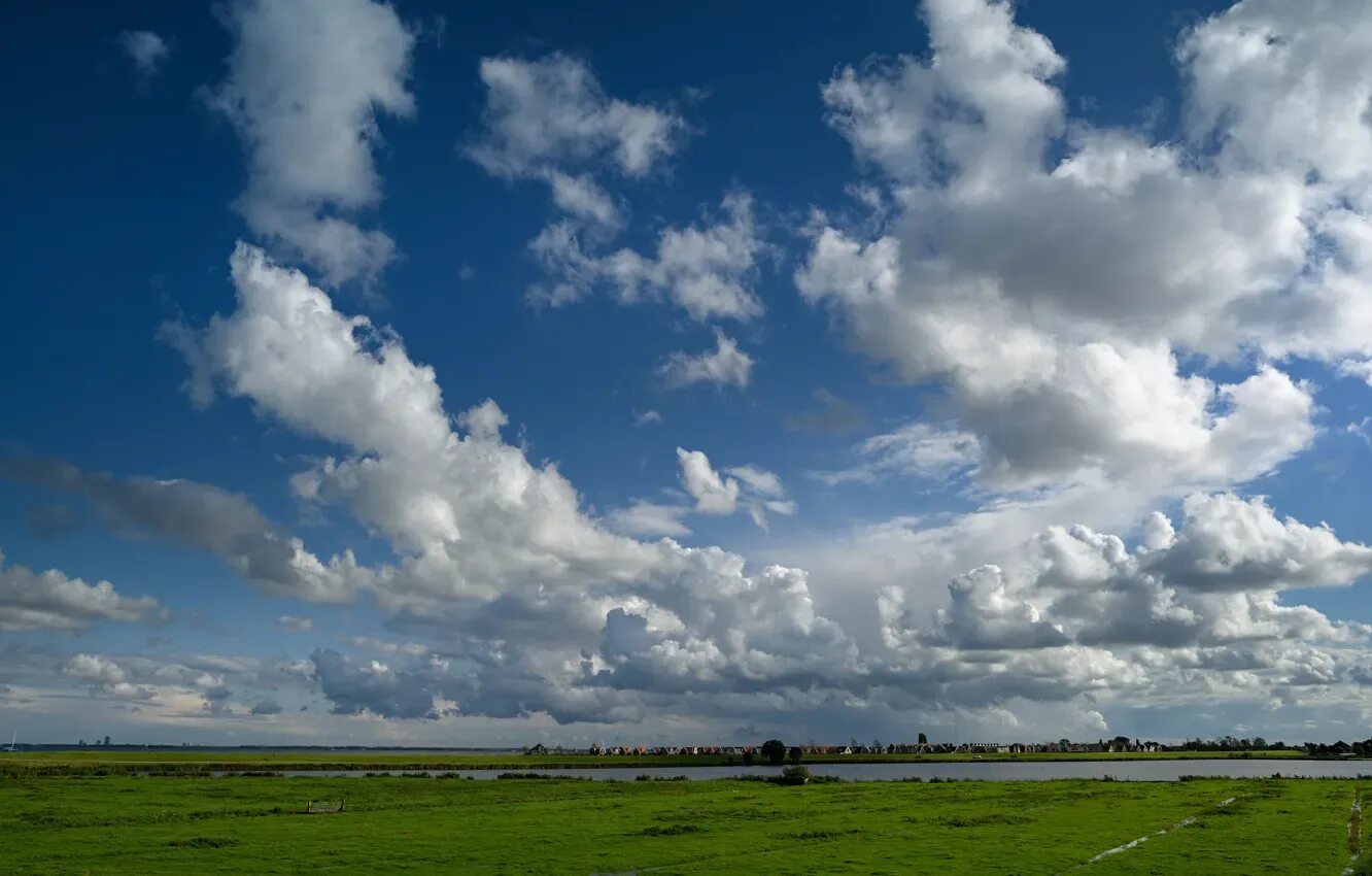 Название фото небо Wallpaper greens, field, the sky, grass, clouds, river, houses, Netherlands for 