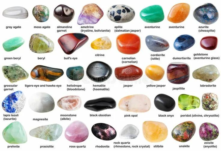 Название камней для украшений с фото Collage From Various Tumbled Gemstones With Names Stock Photo - Image: 77285530 
