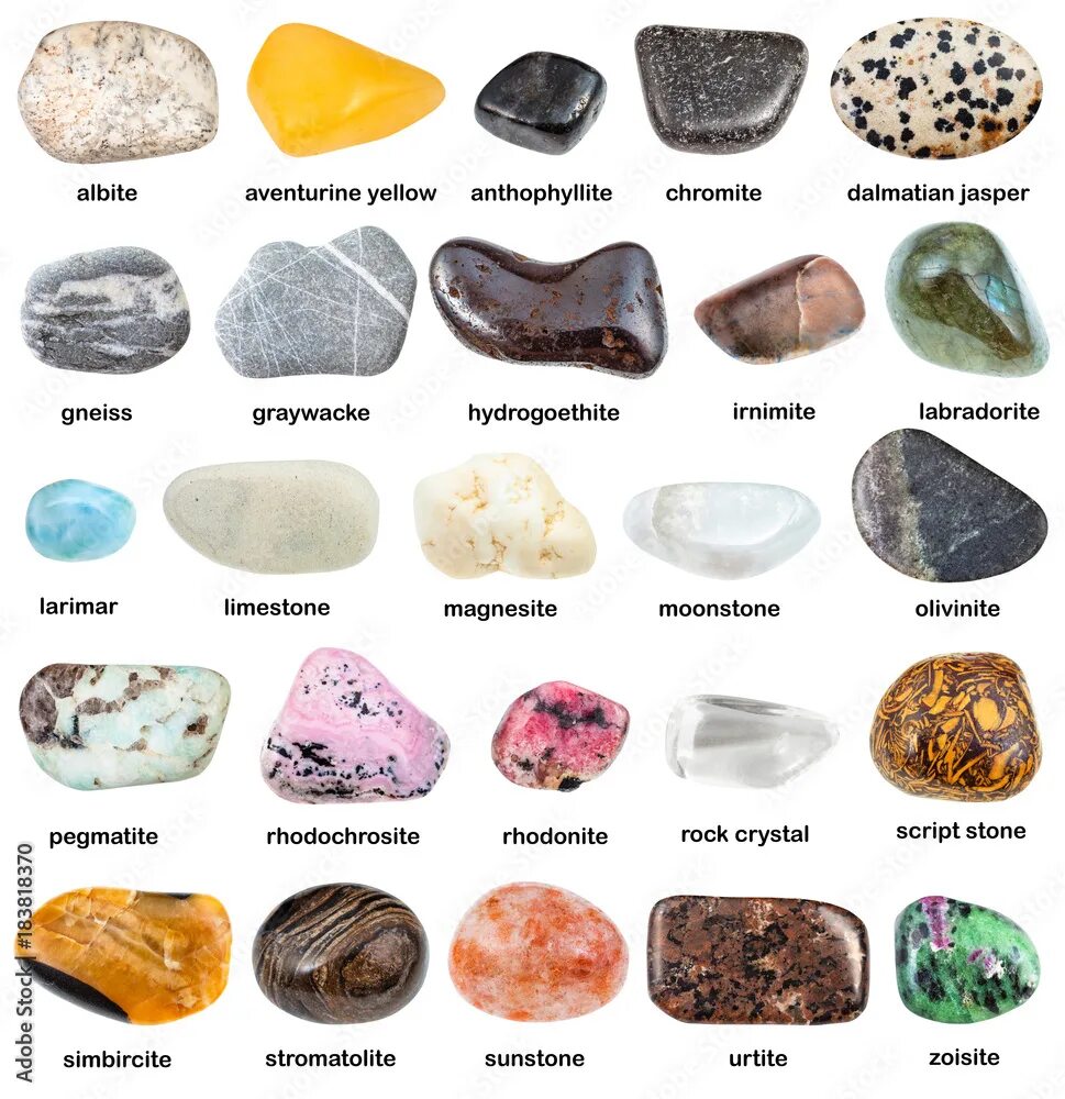 Название камней с фото на русском collection of natural mineral gemstones with name фотография Stock Adobe Stock