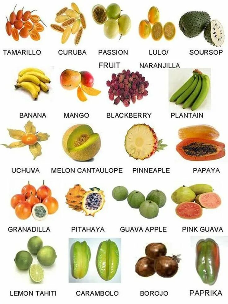 Названия южных экзотических фруктов с фото Types of Food: List of Food & Drinks in English Exotic food, Fruit and veg, Exot