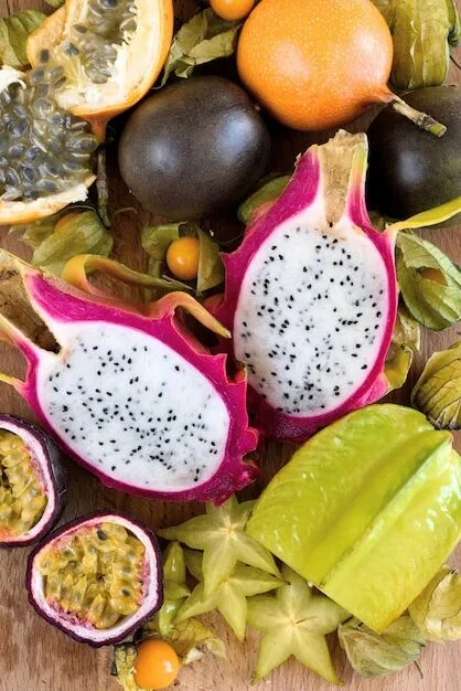Названия южных экзотических фруктов с фото Premium Vector Realistic tropic fruits plate