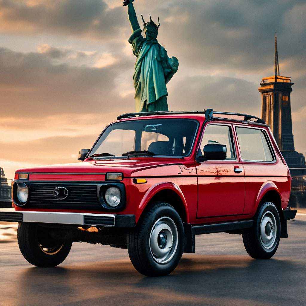 Нива красная тюнинг "Red Lada Niva on the background of ." - image created in Shedevrum