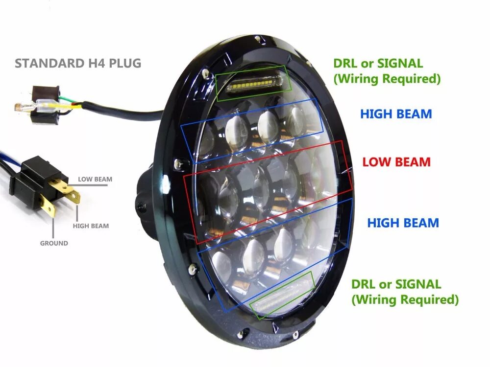 Нива подключение led фары Round 7 Inch 75W LED Headlight High Low Beam with 2V 24V External Light with H4 