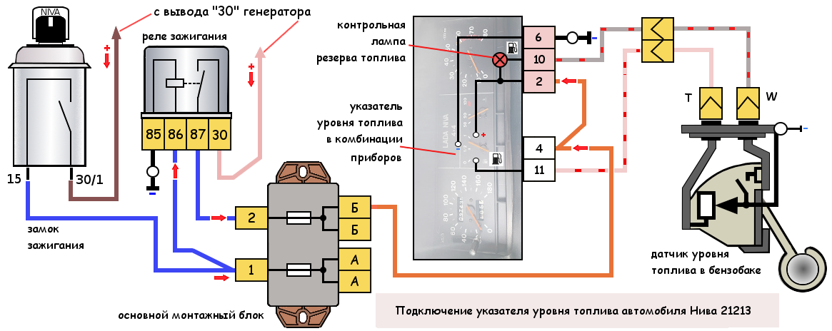 Нива схема подключения насоса Схема подключения указателя уровня топлива Нива 21213