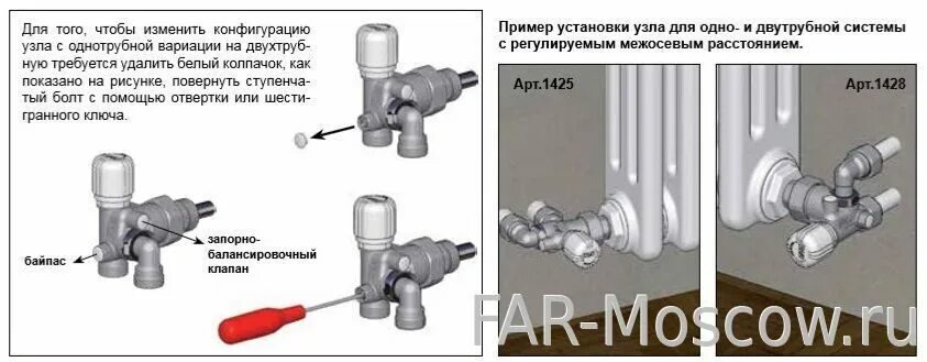 Нижний узел подключения радиатора не открывается FAR FV 1428 - Узел нижнего подключения для одно- и двухтрубных систем, с регулир
