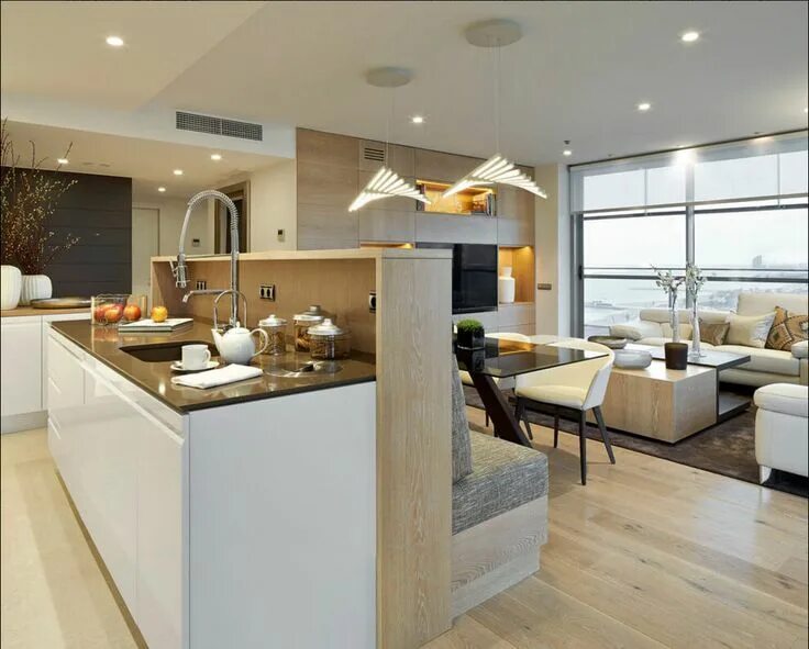 Остров в кухне гостиной современный дизайн Contemporary Apartment by Molins Interiors Home kitchens, Contemporary apartment