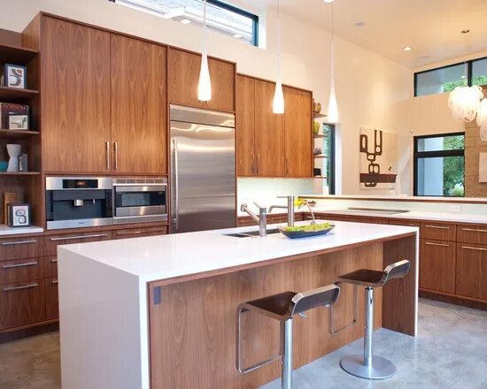 Островная планировка кухни Waterfall Countertop Design Ideas, Pictures, Remodel and Decor Mid century moder