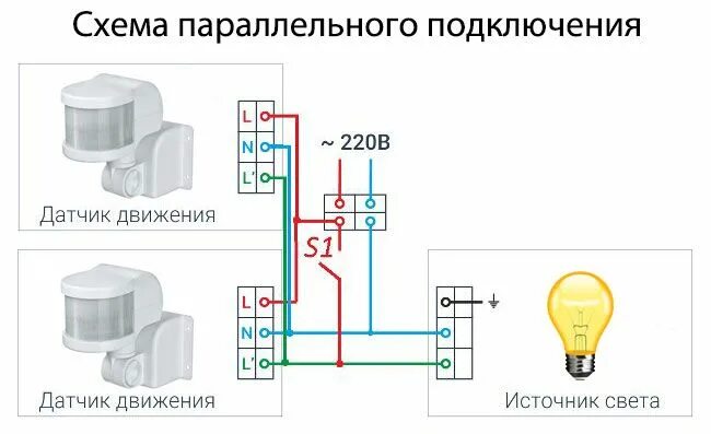 Освещение через датчик движения схема подключения 5 схем подключения датчика движения - ошибки монтажа, установка с выключателем и