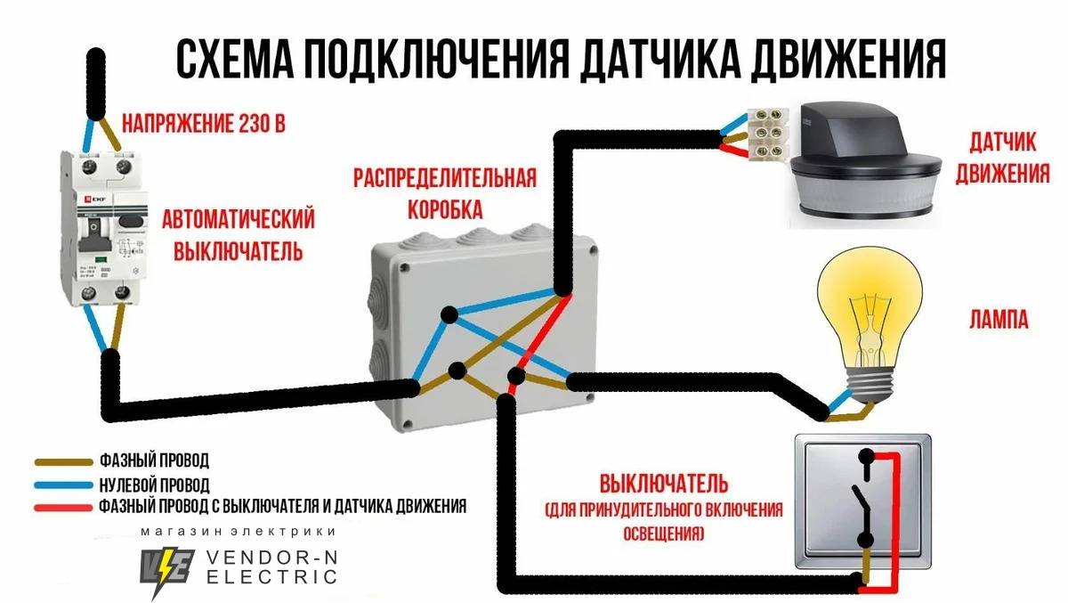 Освещение через датчик движения схема подключения Датчик движения - принцип работы, подключение, настройка