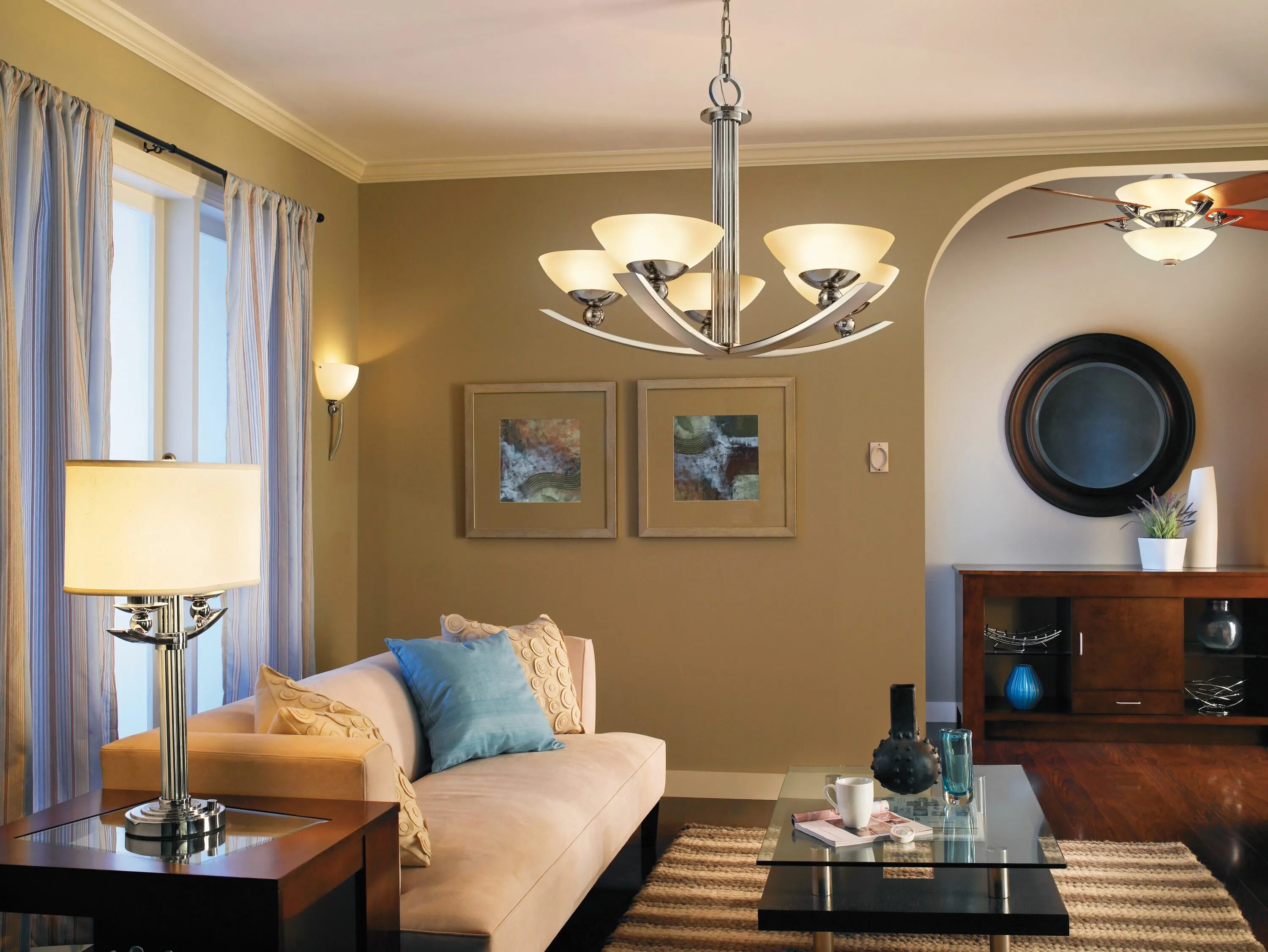 Освещение люстры в интерьере Palla Lamp, Chandelier and Ceiling Fan from Kichler Lighting Chandelier in livin
