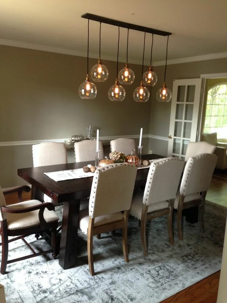 Освещение над кухонным столом фото Dining room remodel: Restoration Hardware 20th C. Factory filament clear glass c