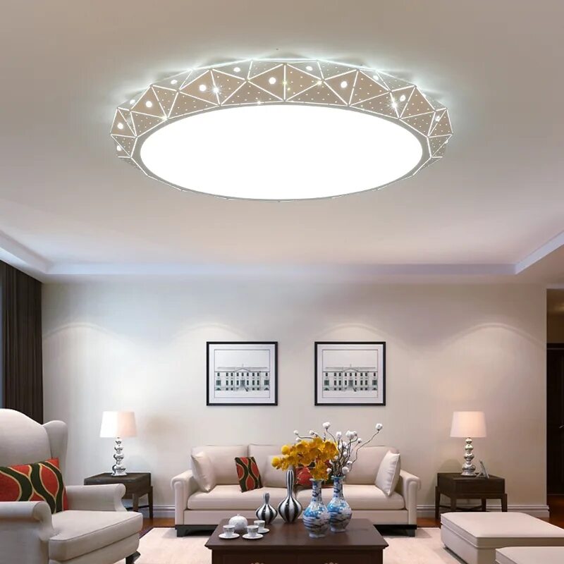 Освещение натяжных потолков в интерьере с люстрой White Round LED Ceiling chandelier For Living Room Bedroom Home AC85-265V Modern