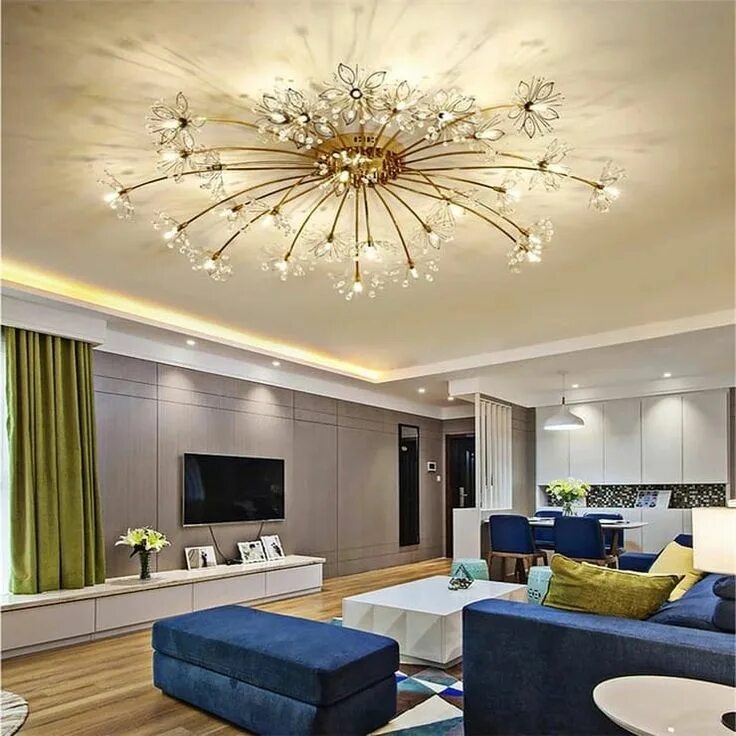 Освещение натяжных потолков в интерьере с люстрой Gold/Black Iron+Crystal G4 LED Flower Chandeliers With AC Power Source And Volta