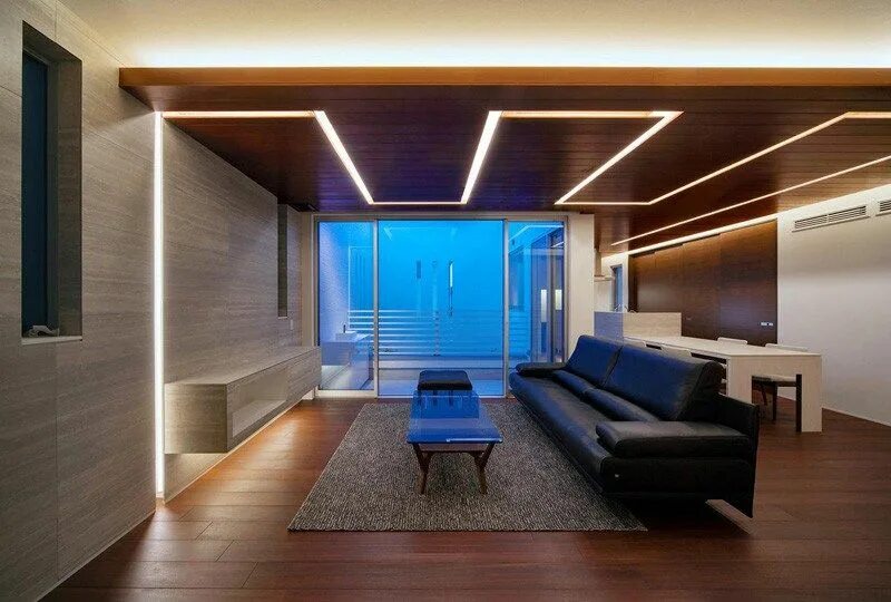 Освещение потолка в комнате фото Snake Scheme Lighting for a Nagasaki Home False ceiling living room, False ceili