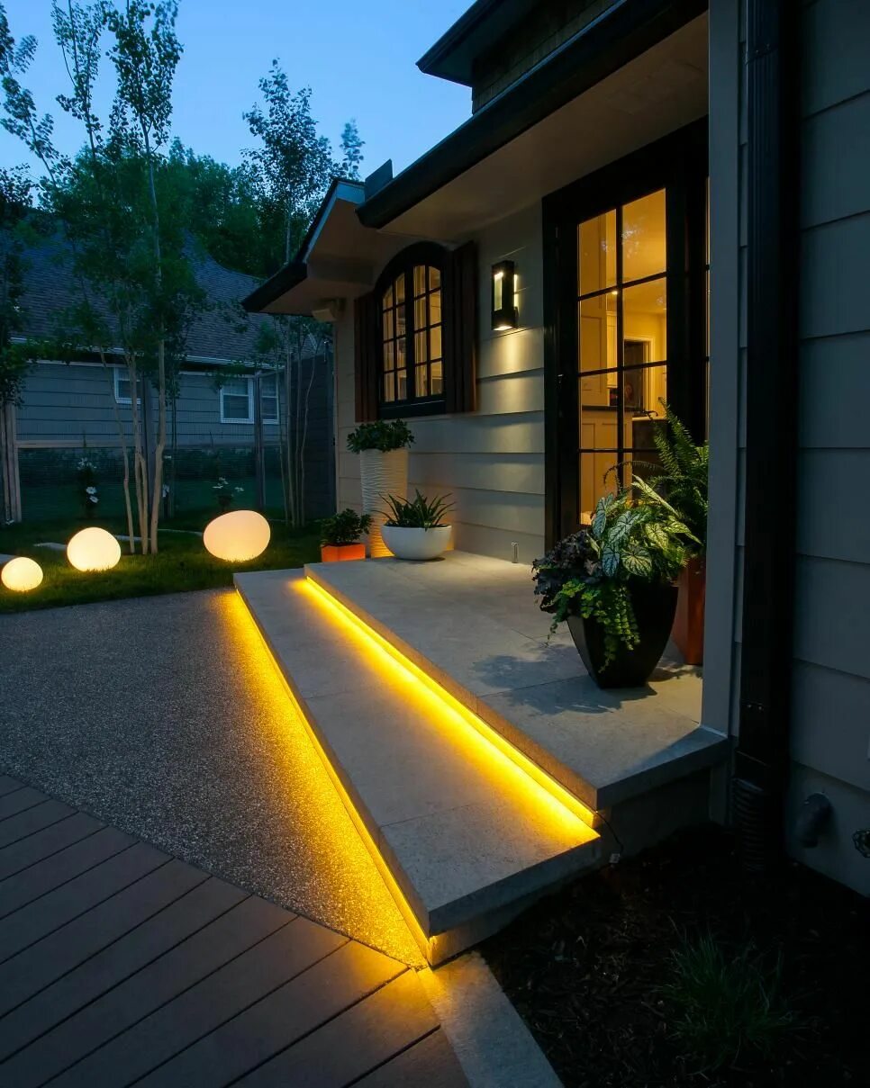 Освещение во дворе частного дома фото Luminous Yard With Modern Art Contemporary patio, Modern garden design, Modern p