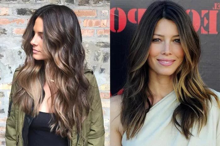 Осветление прядей на темных волосах фото jessica-biel-wearing-dark-hair-with-blonde-highlights-parted-in-the-m. Brown hai