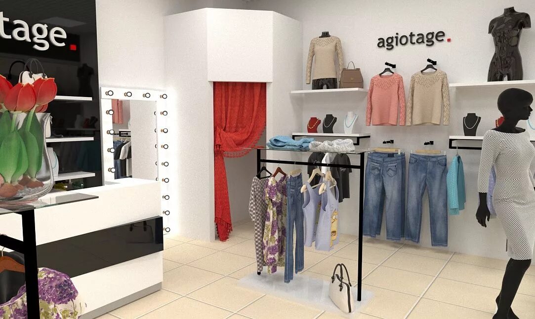 Отдел одежды фото Дизайн ОТДЕЛ ЖЕНСКОЙ ОДЕЖДЫ "AGIOTAGE" Категория Женская одежда Площадь 40 кв.м.