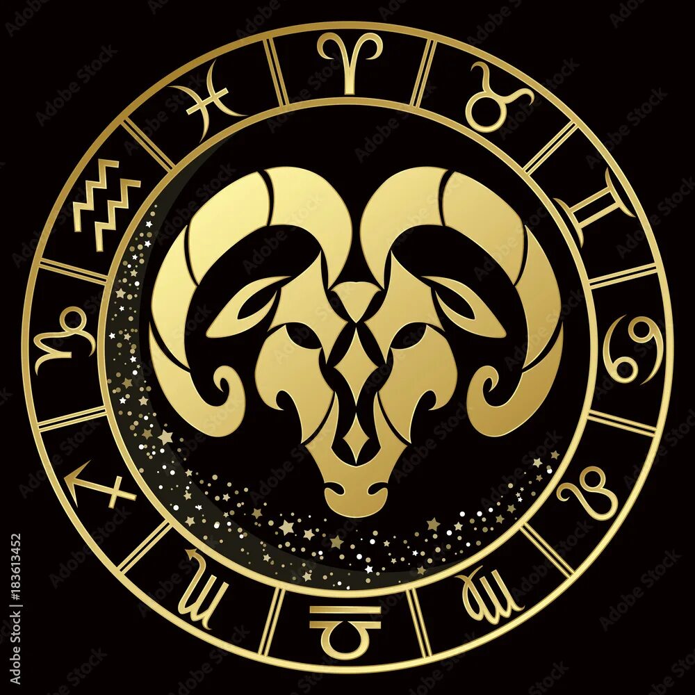 Овен как выглядит значок Aries zodiac sign on a dark background with round gold frame Векторне зображення