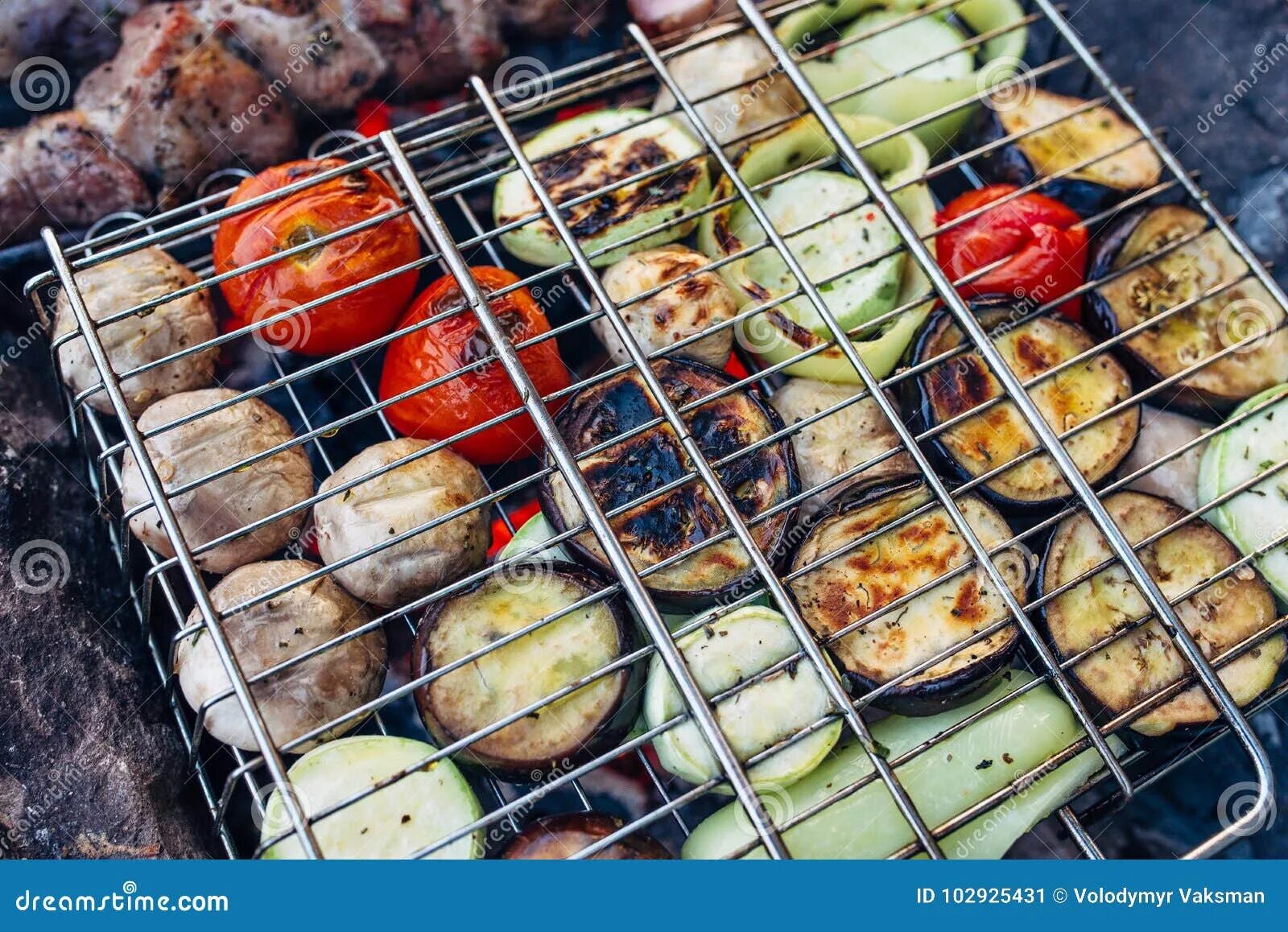 Овощи на мангале на решетке фото Grilled Vegetable and Meat Skewers in a Herb Marinade on a Grill Stock Image - I