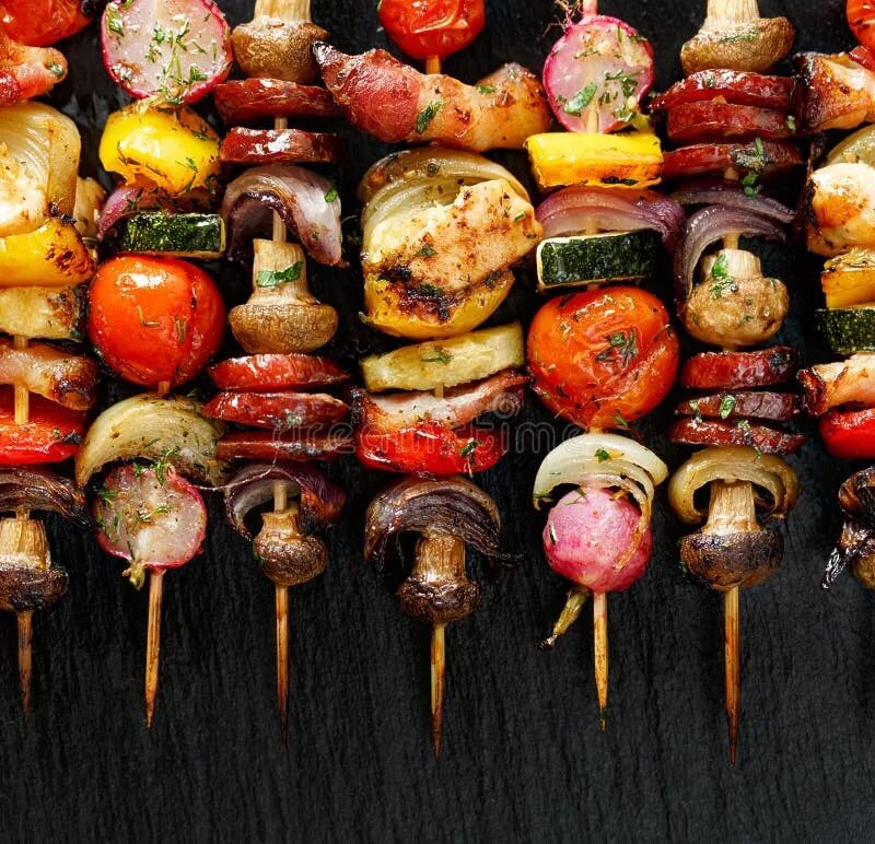 Овощи на мангале на шампурах фото Vegetable and Meat Skewers in a Herb Marinade Stock Image - Image of fried, gril