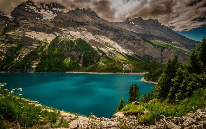 Озеро в горах фото Download wallpapers mountain lake, rocks, mountain landscape, emerald lake, Swit