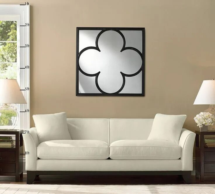 Озон декор на стену в гостиную pottery+barn+clover+quatrefoil+mirror+black+wood+frame+in+room+white+sofa+couch 