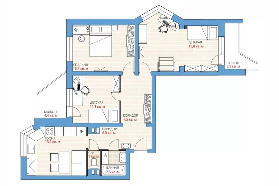 П 44т планировка 3 х комнатная квартира Трешка П-44Т: планировка для семьи с детьми - блог "Hoff Вдохновение"