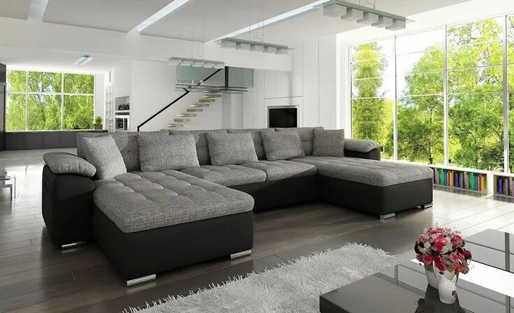 П образный диван в интерьере гостиной фото Black & Grey Fabric Corner Sofa Bed Sofas Direct Canapé angle, Canapé design, Ca