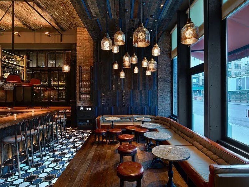 Паб стиль интерьера Counter Height Table With Bench - Foter Cafe design, Restaurant interior design,