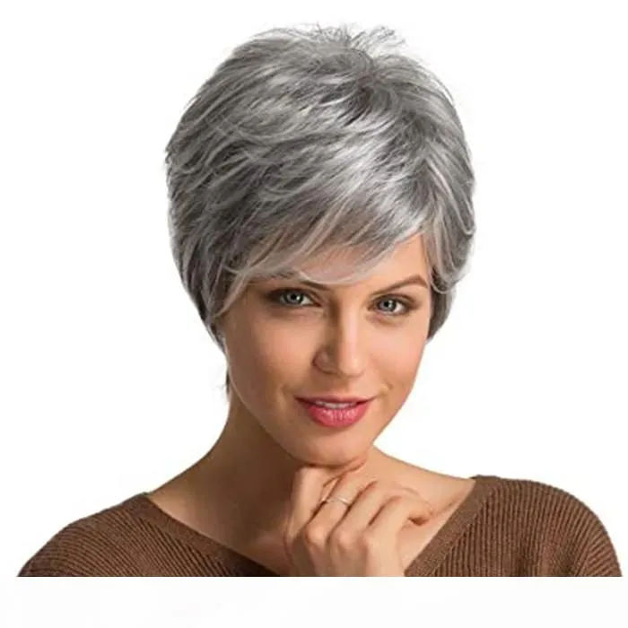 Парик короткая стрижка Salt Pepper Silver Grey Short Grey Human Hair Wigs For Women Natural Pixie Cut W