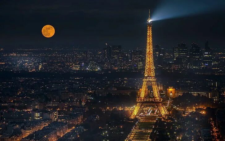 Париж фото ночь HD wallpaper: lights, the moon, France, Paris, panorama, night city, Eiffel Towe
