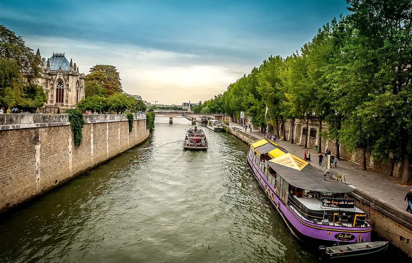 Париж река сена фото Wallpaper the sky, trees, bridge, river, France, Paris, ship, home for mobile an