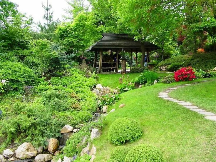 Парк дачи фото jardin-pente-pelouse-allée-pierre-naturelle-buis-boules Garden design, Japanese 