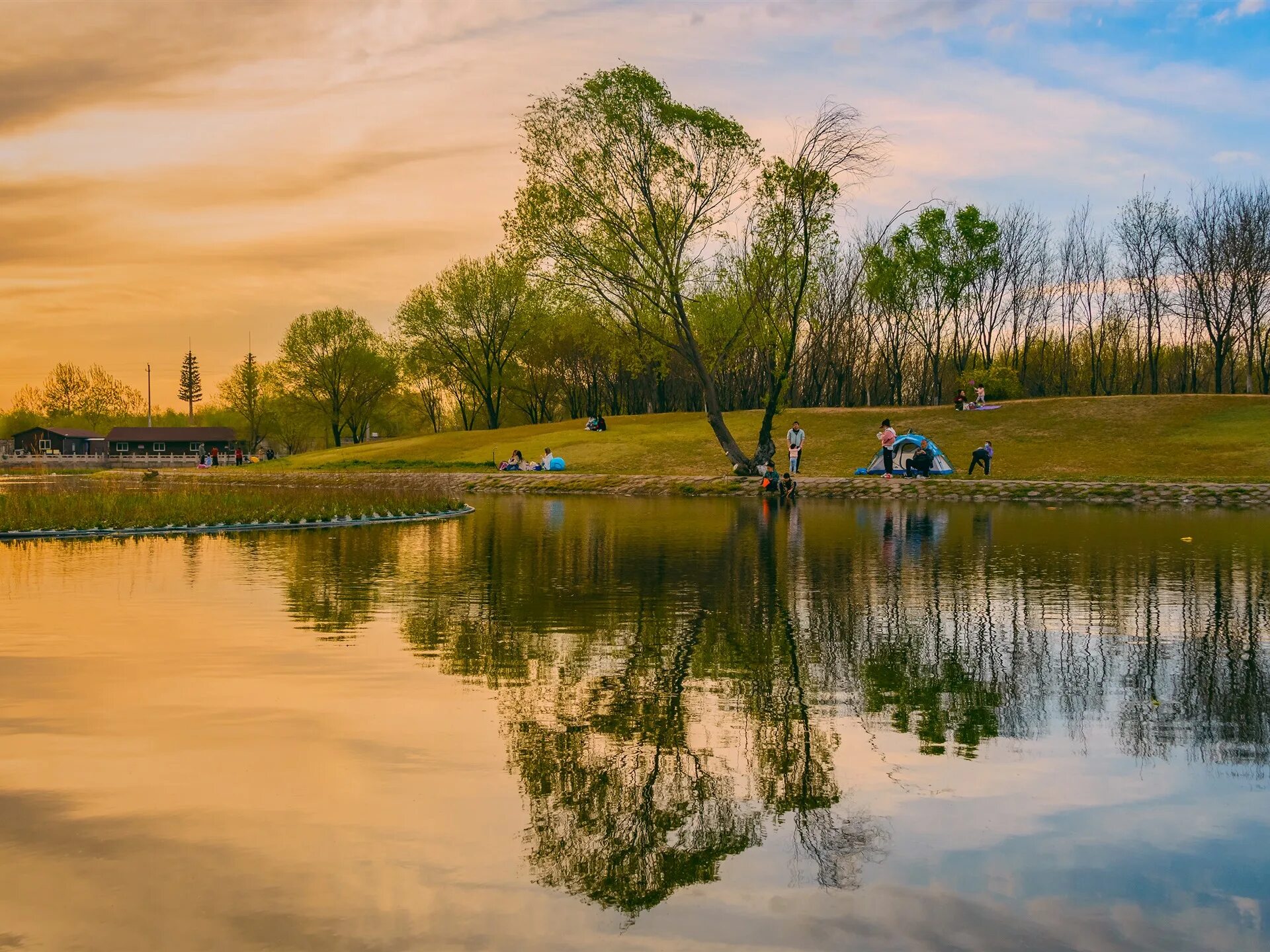 Парк у воды отражение фото Wallpaper Park, pond, water reflection, trees, people 2880x1800 HD Picture, Imag