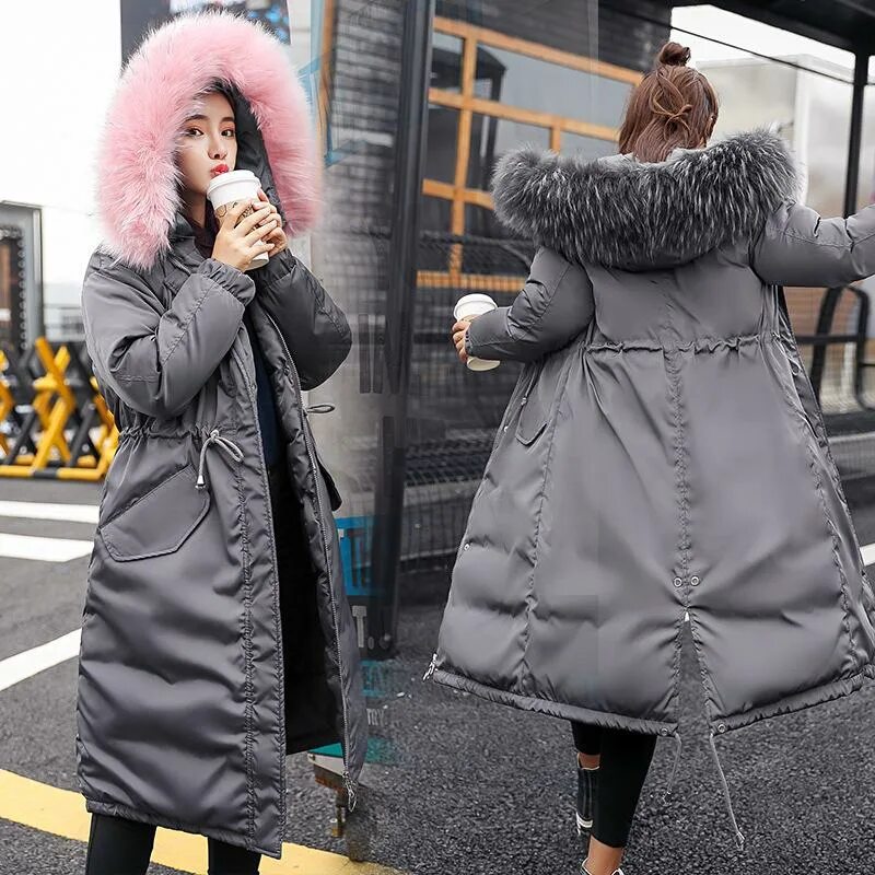 Парка женская зимняя удлиненная фото Winter Jacket Female Loose Cotton Coat Long Section Large Fur Collar Warm Studen