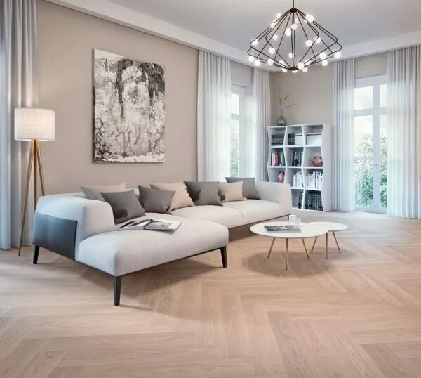 Паркет елочка в интерьере современном бежевый тон ✔ ️BASIC EICHE OAK Clear Herringbone 90 ° (Дуб) Браш покрытие маслом цвет белый И