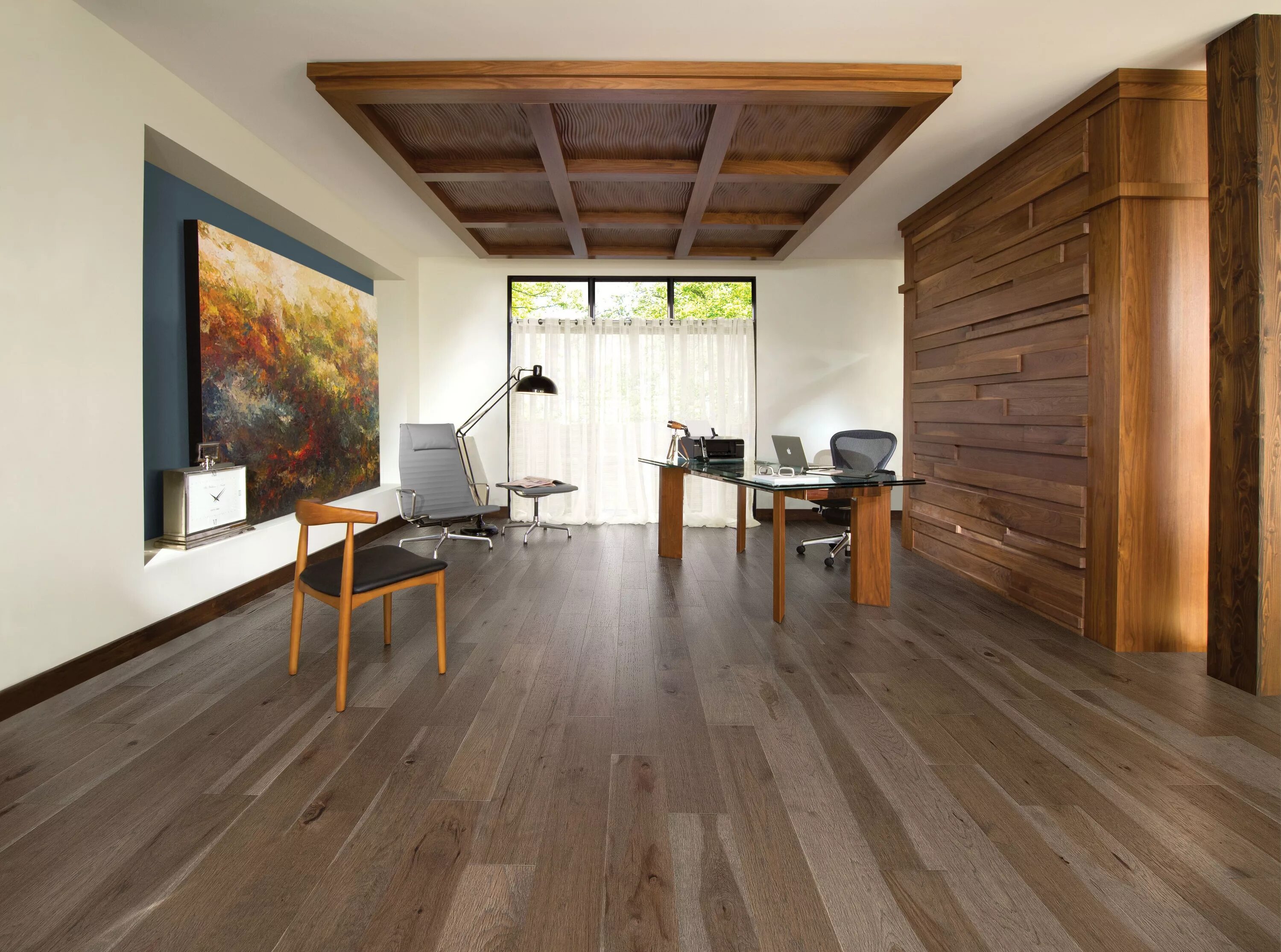 Паркетная доска на стене в интерьере Imagine, Old Hickory Barn Wood - Mirage Hardwood Floors Contemporary home office