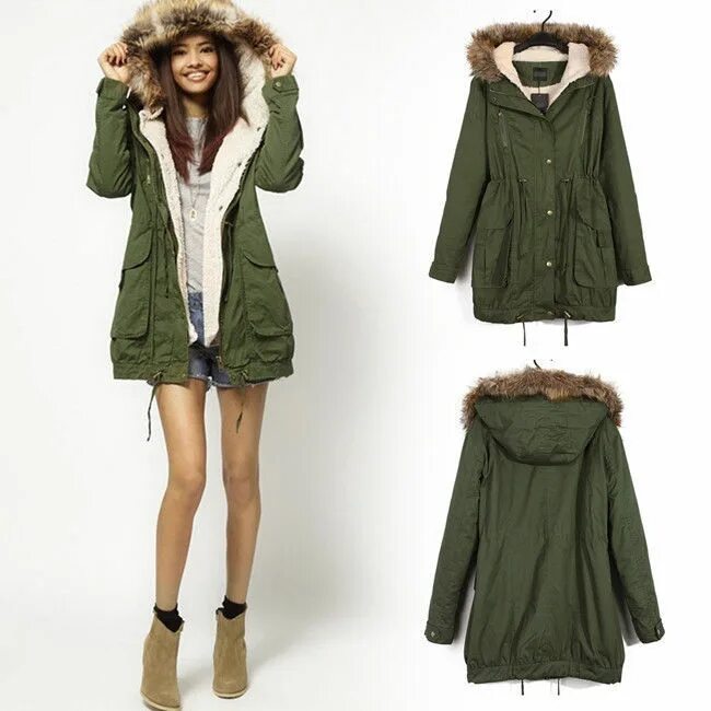 Парки фото одежды Hot Sale Winter Women Warm Hooded Military Green Faux Fur Long Girls Coat Parka 