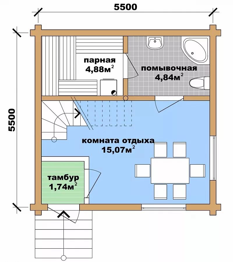 Парная с комнатой отдыха планировка Баня "Сокол-3"