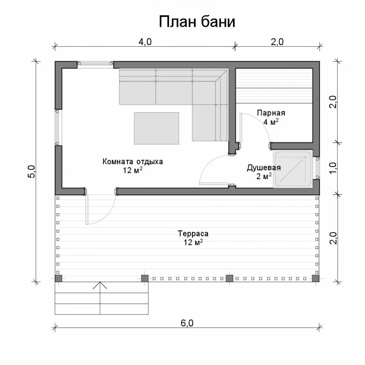 Парная с комнатой отдыха планировка Баня из бруса 5х6 "Для барбекю" от 421000 руб, срубы для бань под усадку - компа