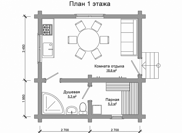 Парная с комнатой отдыха планировка Одноэтажная баня 5,4х5,4 заказать по цене 657000 руб. в г.Домодедово - izba-mech