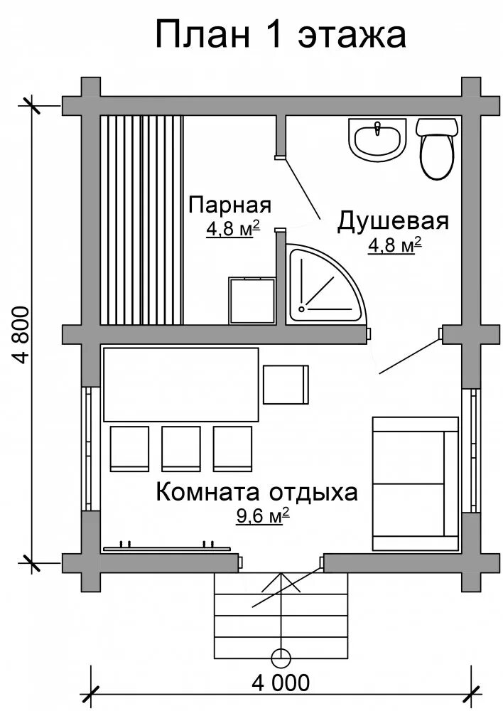 Парная с комнатой отдыха планировка Проект бани из оцилиндрованного бревна "Пересвета" 5 x 4 м , 19,2 м2