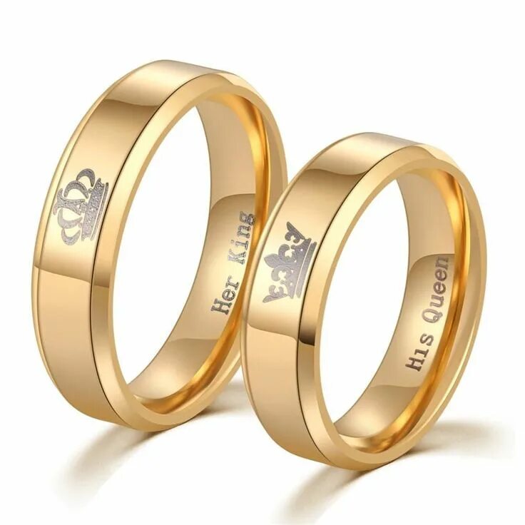 Парные кольца из золота фото Her King and His Queen Crown Gold Plated Stainless Steel Couples Rings Wedding r